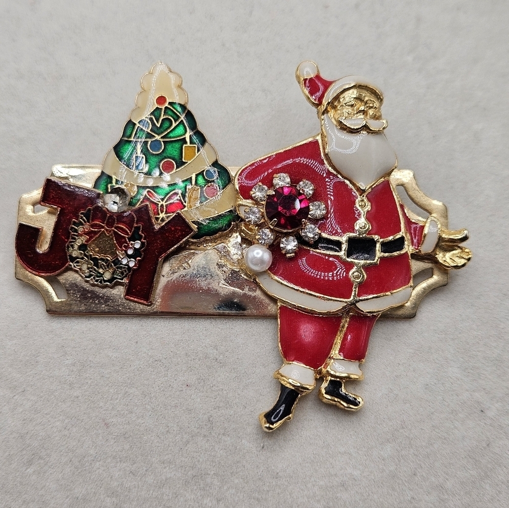 VINTAGE Upcycled Artisan Handcrafted Christmas Enamel Santa Joy Brooch Pin